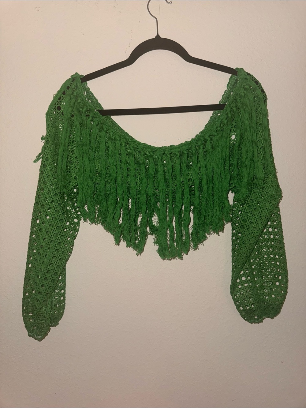 Boho Green Crochet Fringe Crop Top Festival Cottagecore NWOT
